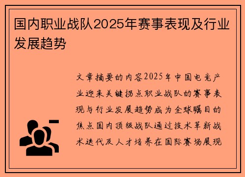 国内职业战队2025年赛事表现及行业发展趋势