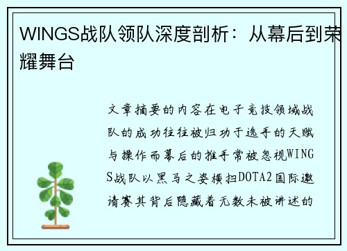 WINGS战队领队深度剖析：从幕后到荣耀舞台